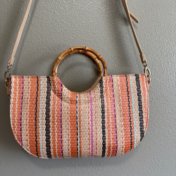 JustFab Wicker Circle Bag with Cane Handle and Boho Colors - Picture 2 of 9